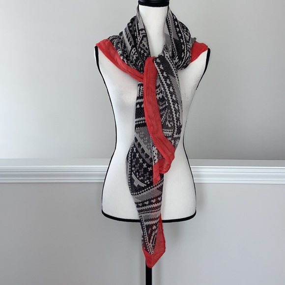 Lightweight Scarf Black/White w/Coral Border - Picture 6 of 10